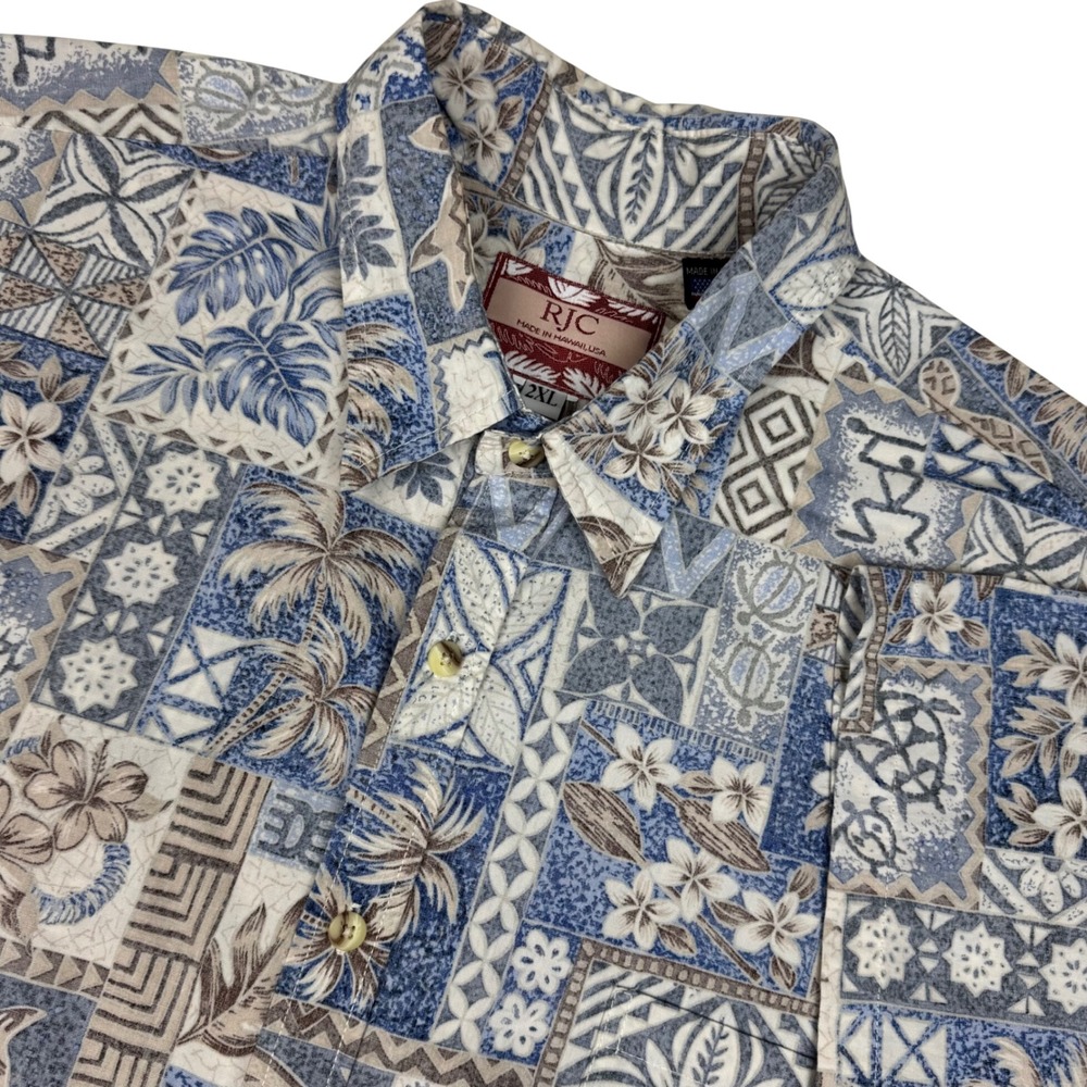 RJC Hawaiian Tribal Patchwork Style‎ Reverse Print Aloha Shirt Mens 2XL USA Made